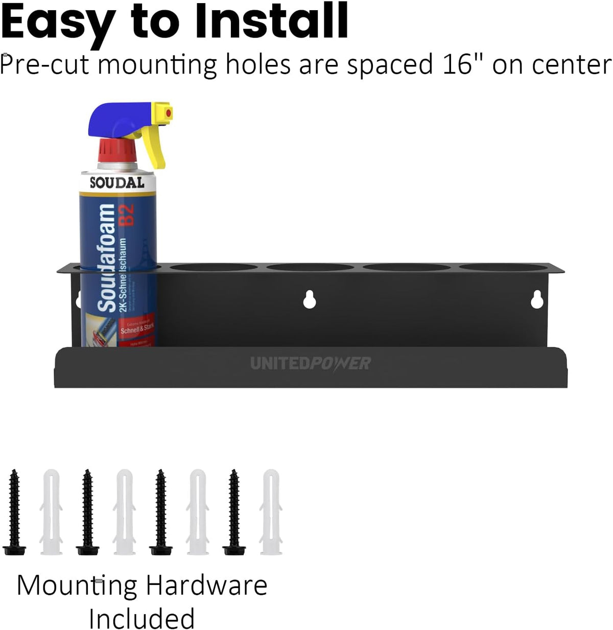 UNITEDPOWER 5 Aerosol Spray Can Holder, Paint Bottle Storage Rack, Steel Wall Mount Shelf, Tool Organizer for Garage, Craft Workspace and Home
