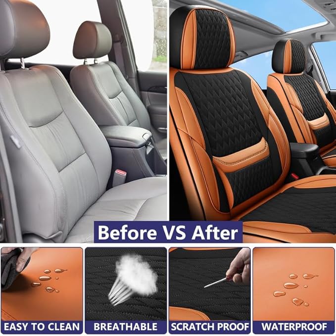 Front Seat Car Seat Covers Custom Fit for Ford Maverick 2022-2026 - Premium Faux Leather with Lumbar Support | Breathable, Waterproof, Anti-Slip, Durable (Black&Brown,Front Seat)