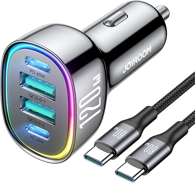 120W for iPhone 17 Pro Max Car Charger, Dual PD 60W & QC 3.0 Cigarette Lighter USB Charger with 60W Type C Cable, Car Charger USB C, Car Accessories for iPhone 17/16 Pro/Air, Galaxy S25, iPad, MacBook