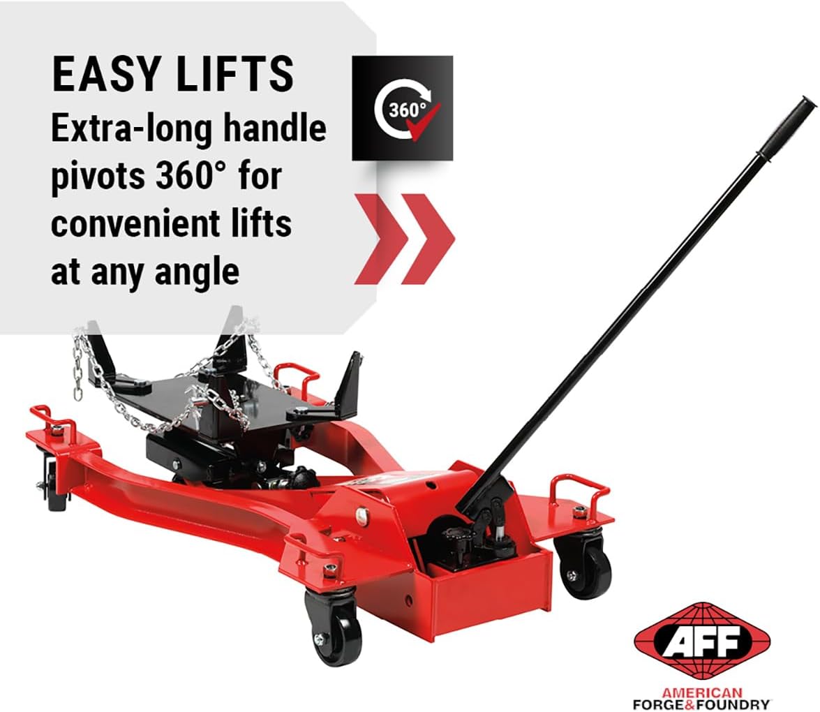 AFF Low Profile Manual Hydraulic Transmission Jack - Heavy Duty Steel Body, Adjustable Saddle with Safety Chain & 360 Handle - for Transmissions, Transfer Cases & Differentials (Multiple Capacities)