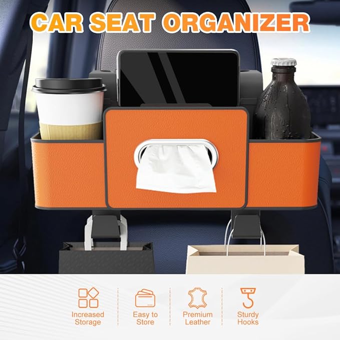 Back Seat Car Organizer,3 in 1 Car Backseat Storage Box with Cup Holder,Tissue Box,Trash Bin&Hooks,Multifunctional Waterproof Storage for Hold Phones Snacks Drinks Handbags (1, Brown+White)