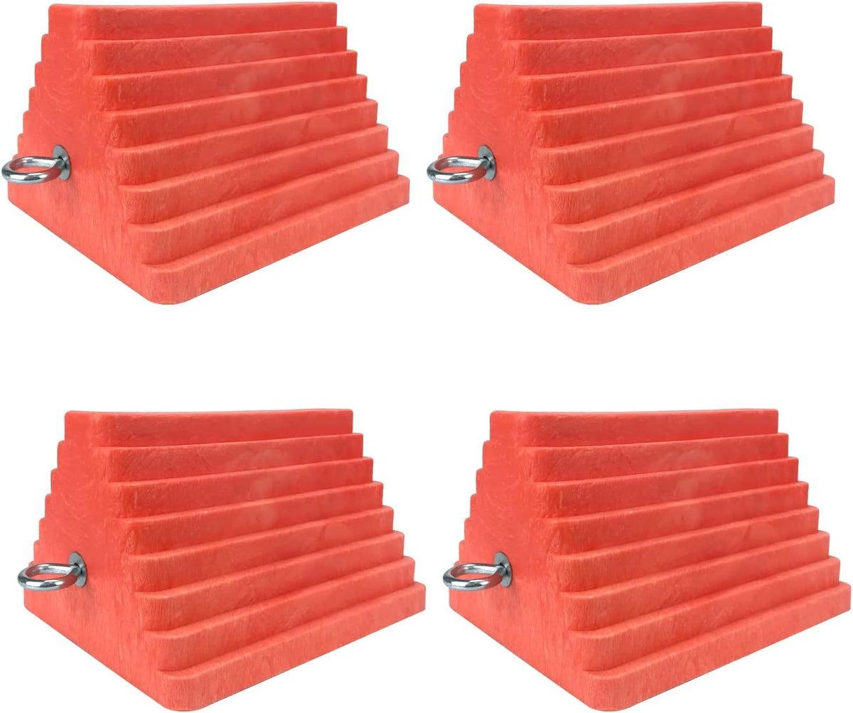 Premium 4 pcs Heavy Duty Wheel Tire Chocks, Vehicle Chocks with Eyebolt for Travel Trailers, Camper, Truck, Car and ATV 4 Pack, Orange
