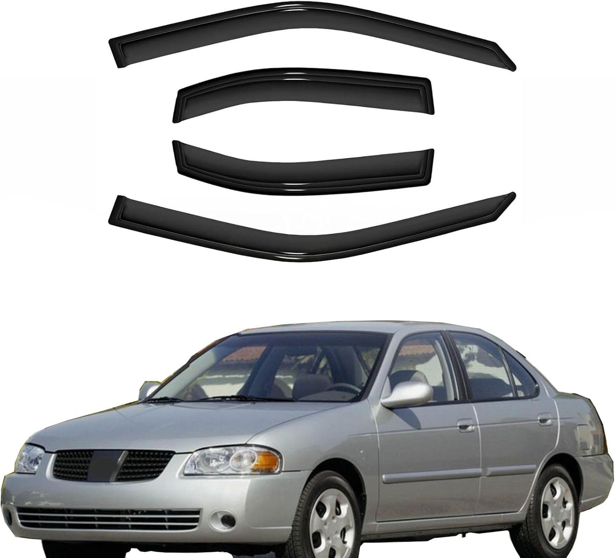 4pc Sun Rain Guards Window Visor Wind Deflector Compatible with Nissan Sentra Sedan 00-06 Smoke 94227