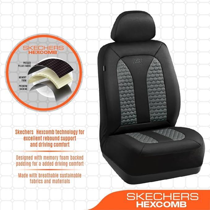 Skechers Memory Foam™ Car Seat Cover Full Sets, Hexcomb Breathable Thick Seat Covers, Airbag Compatible, Automotive Comfort & Protection Universal for 95% Cars,Van,Trucks, SUVs Grey