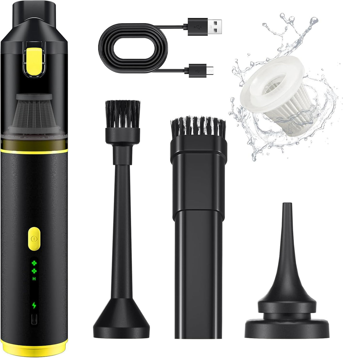 Car Vacuum Portable with 16000Pa Powerful Suction, Handheld Vacuum Cordless Rechargeable Blow & Suction 4 in 1, Small Vacuum Cleaner for Car, Home, Office, Outdoor (Black Yellow)