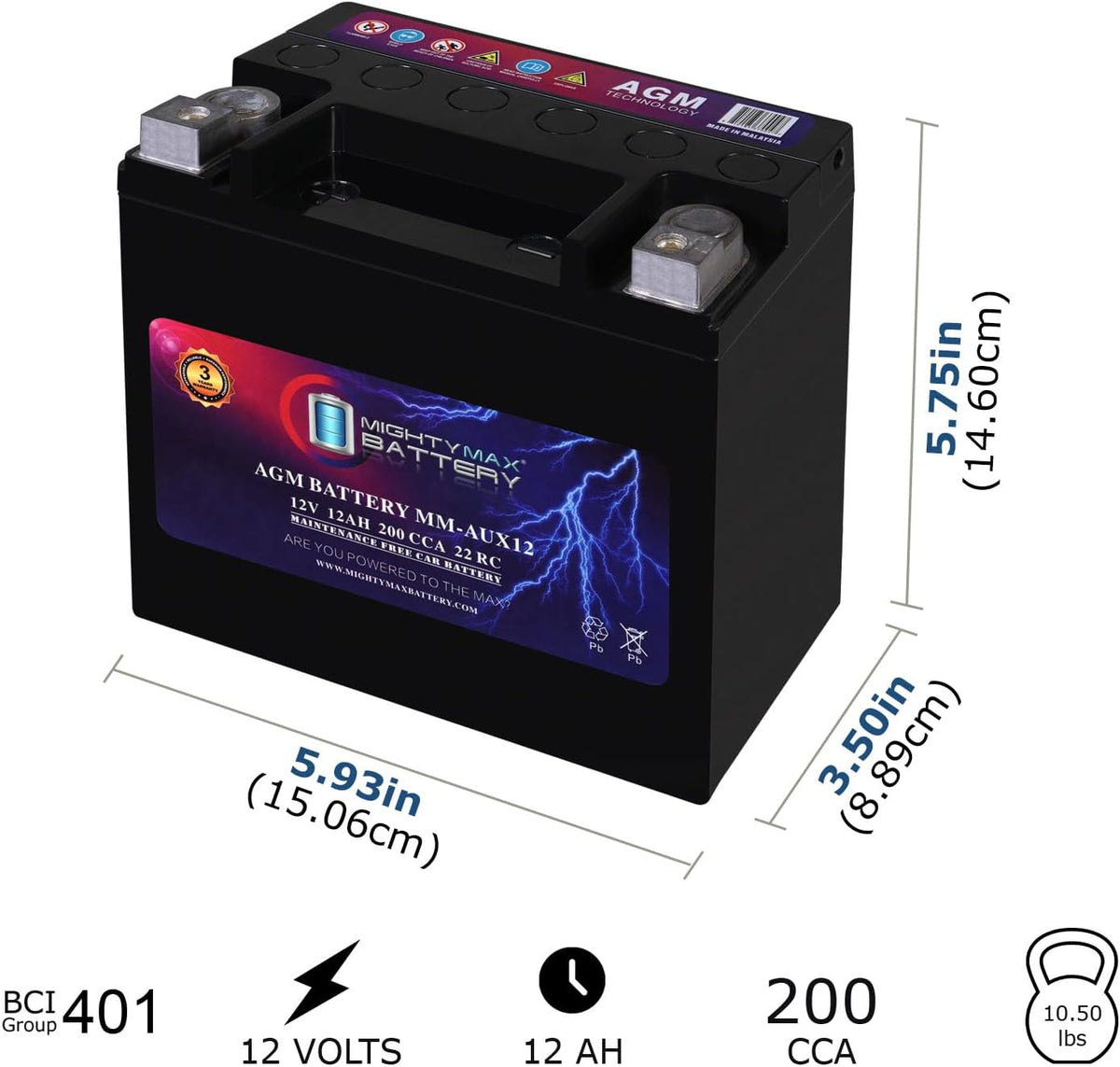 Mighty Max Battery MM-AUX12 Auxiliary Battery 12V 12Ah, 22RC, 200 CCA Rechargeable AGM Car Battery