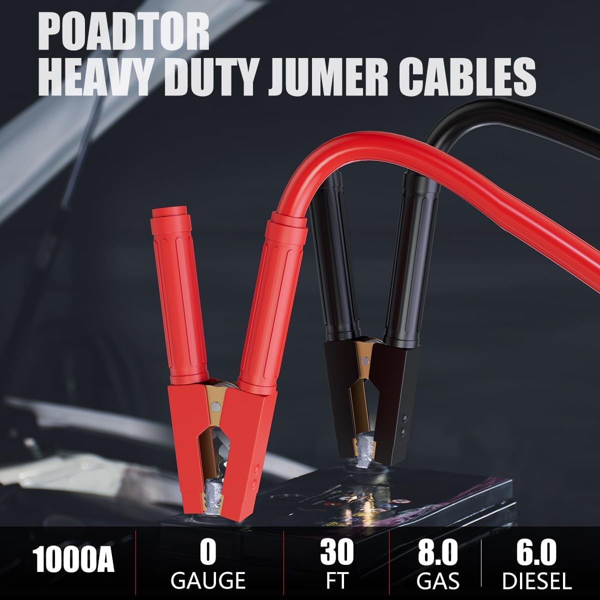 Heavy Duty Jumper Cables for Car Battery, 0 Gauge 30 Feet 1000AMP, Automotive Booster Cables for Jump Starting Dead or Weak Batteries, Suitable for 8L Gas & 6L Diesel, Carrying Bag Included