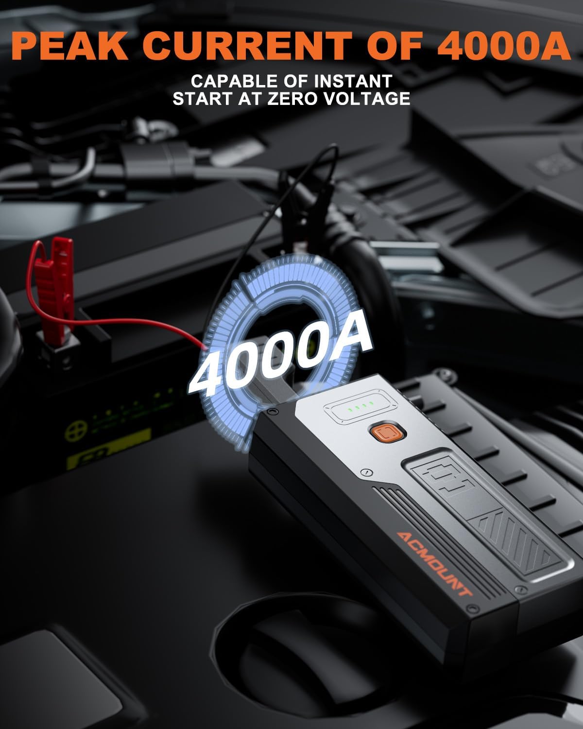 Car Jump Starter 4000A,Portable Car Battery Jump Starter for Up to 8L Gas & 6.5L Diesel Engines, 12V Jump Starter Power Pack with 3 Modes LED Light, USB Quick Charge