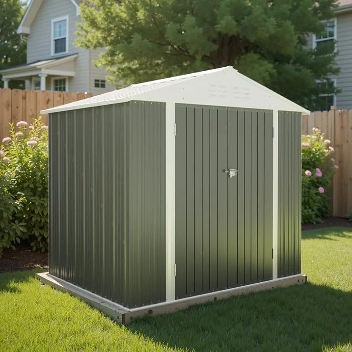 Greesum 8×6FT Outdoor Storage Shed, Metal Patio Storaged Sheds with Lockable Doors, Sheds & Outdoor Storage for Bike, Backyard, Pool and Garden, Gray