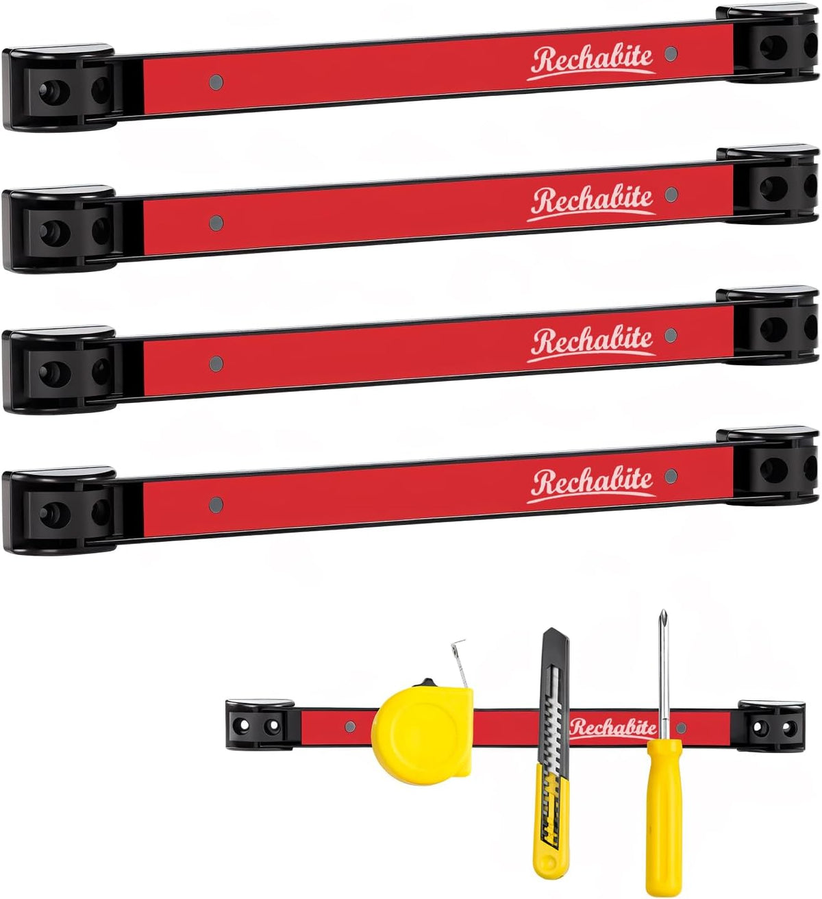 4 Pieces 12" Magnetic Tool Holder Strip, Red Magnet Bar, Metal Tool Organizer Rack for Garage Organization, Easy To Install in Workshop, Mounting Screws Included
