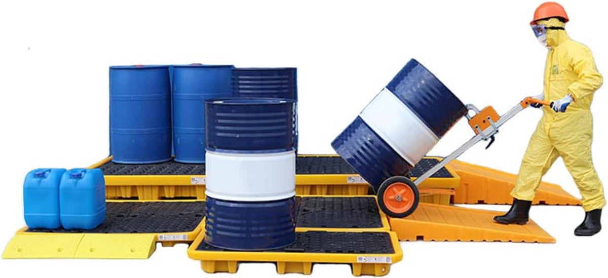 Drum Containment Spill Pallet, Industrial Nestable Oil Drums Leak-Proof Tray, Garage Storage Detachable Anti Slip Polyethylene Platform with Drain (Color : Yellow-5 Pack, Size : 51.2"x26.8"x