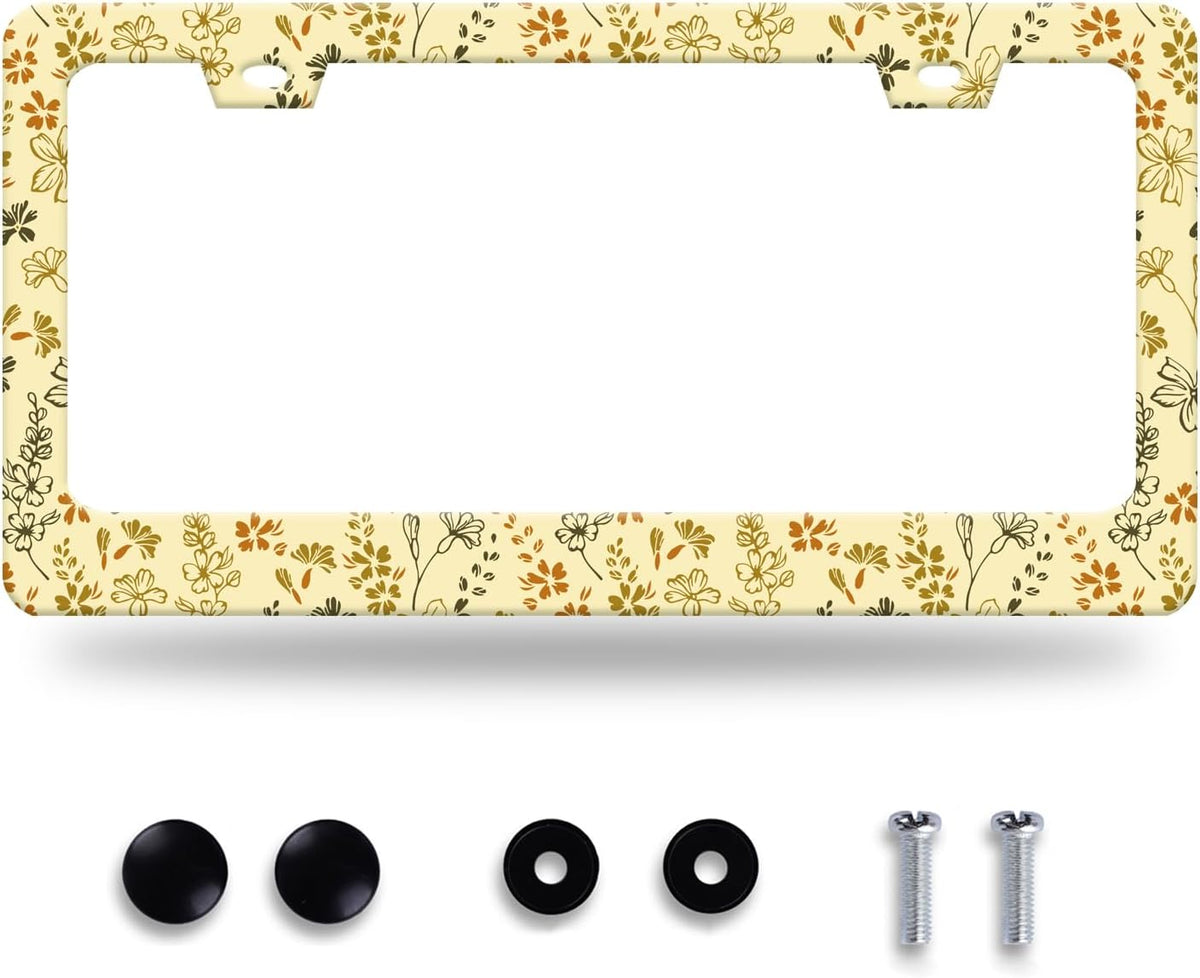 Yellow Wild Flowers License Plate Frame Colorful Flower Floral License Plate Stainless Steel Funny License Plate Holder for Men Women Universal Car Accessories Decoration 12.3" x 6.3"