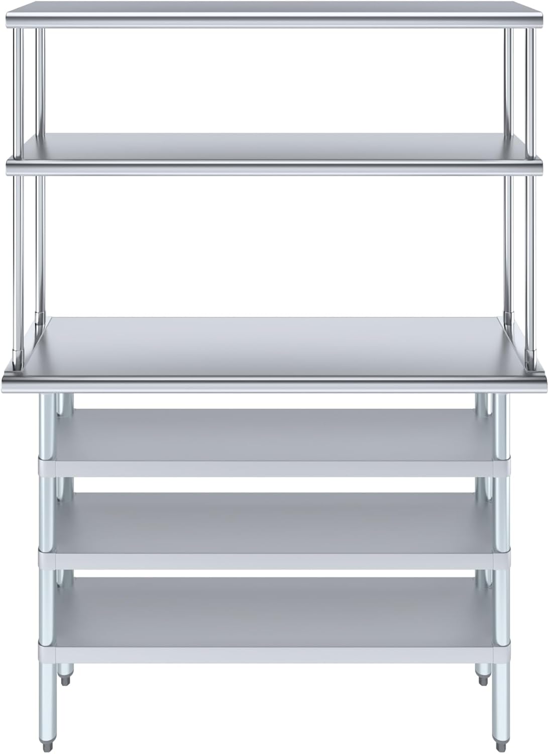 Amgood 14" x 48" Stainless Steel Work Table with 3 Shelves and 12" Wide Double Tier Overshelf | Metal Kitchen Prep Table & Shelving Combo | NSF