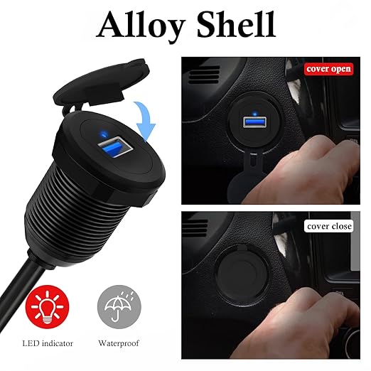BATIGE Alloy Single Port USB 3.0 Dashboard Port Car Mount Flush Cable, Male to Female Waterproof Extension Cable for Car Truck Boat Motorcycle with LED Indicator - 3ft
