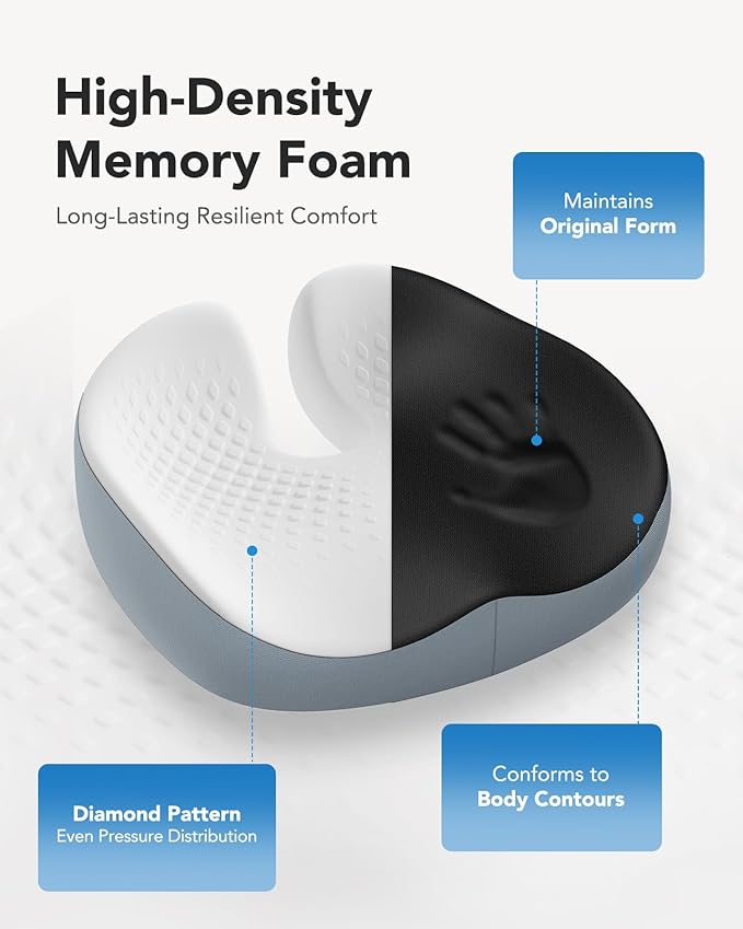 HUANUO Seat Cushion for Office Chair, Extra Large Memory Foam Cushion for Office Chair,Car & Wheelchair - Sciatica & Tailbone Pain Relief for Long Sitting, Ergonomic Design with Anti-Slip Bottom