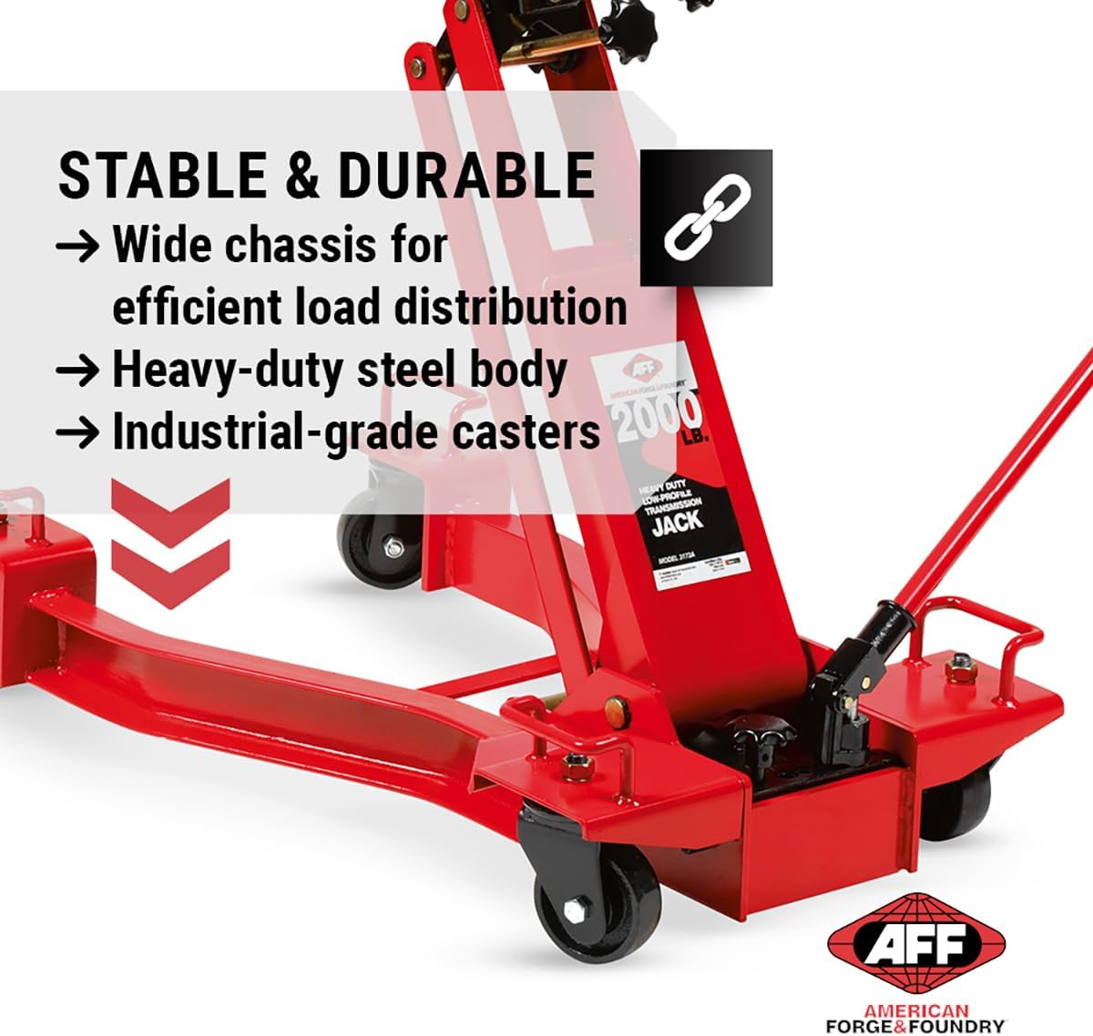 AFF Low Profile Manual Hydraulic Transmission Jack - Heavy Duty Steel Body, Adjustable Saddle with Safety Chain & 360 Handle - for Transmissions, Transfer Cases & Differentials (Multiple Capacities)