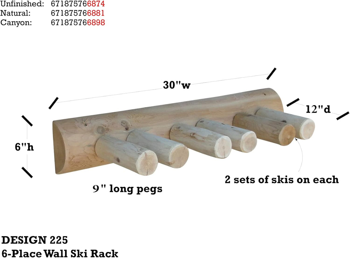 6-Place Log Ski Rack Wall Mount, Indoor Ski Storage Rack for Garage Organizers, Wooden Skis Wall Mount Storage Racks, Pole Skis Sports Racks, Garage Organization Walls - Natural