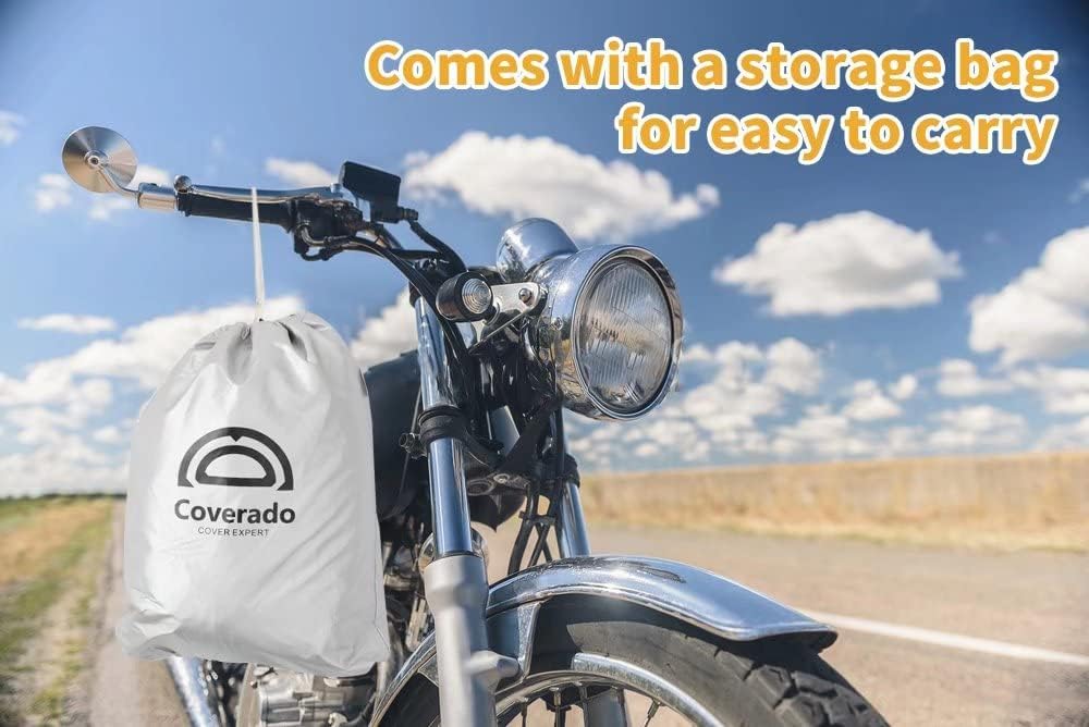 Motorcycle Cover Waterproof Outdoor, Coverado All Weather Protection Motorbike Cover with Lockholes and Night Reflector, Universal Fit for Harley Davidsion Yamaha Honda Suzuki etc (up to 111" Motors)