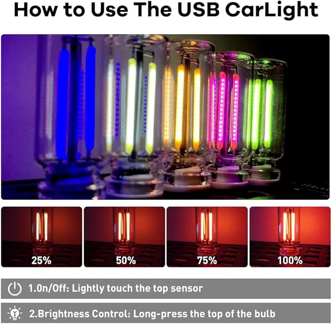 2Pcs Car USB Night Light, Touch Adjustment LED Ambient Lighting Plug in USB Automotive Night Lamps, Mini LED Bulb for Car, Camping, Holiday, Decoration, Bedroom, Party(Red)