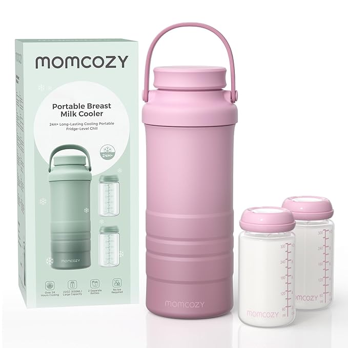Momcozy 22oz Portable Breast Milk Cooler for Outdoor, Life Saver with 360° Total Cooling for 24 Hours, Larger Capacity Travel Breastmilk Chiller with 2pcs Baby Bottles for Breastmilk Storage, Pink