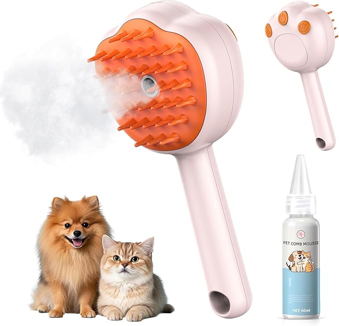 Steam Cat Brush, 6-in-1 Dog Brush Spritz Defur Comb with Pet Waterless Shampoo, Steamy Skin Friendly Deshedding Grooming Tool, Suitable for Shedding & Haired Pets, Pet Supplies Accessories, Pink