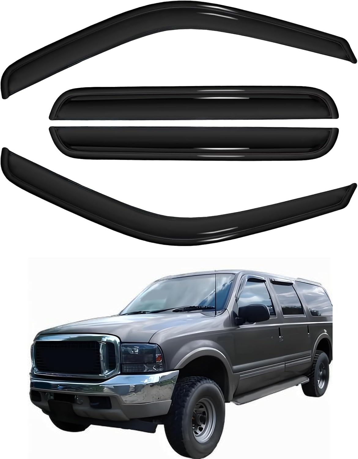 4pc Sun Rain Guards Window Visor Wind Deflector Compatible with Ford Excursion 2003-2005 Smoke 94438