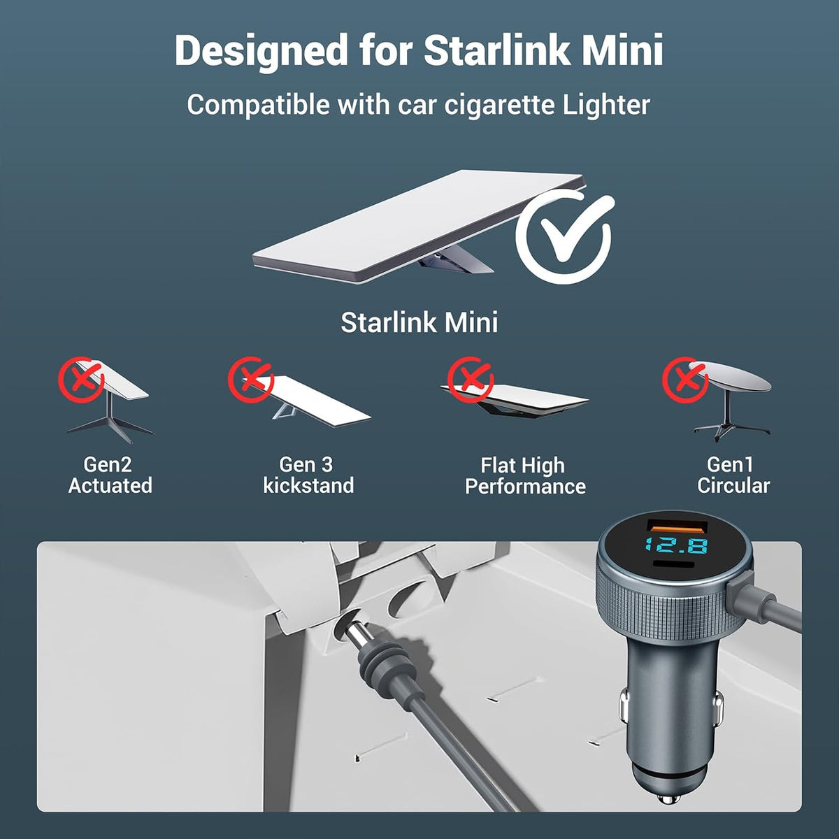 Starlink Mini Cable,3-in-1 Starlink Mini Car Adapter with Digital Display, Starlink Mini Power Cable12V-48V，Cigarette Lighter Adapter with USB C PD 40W& USB A 35W Ports for Trucks and Cars(10FT)