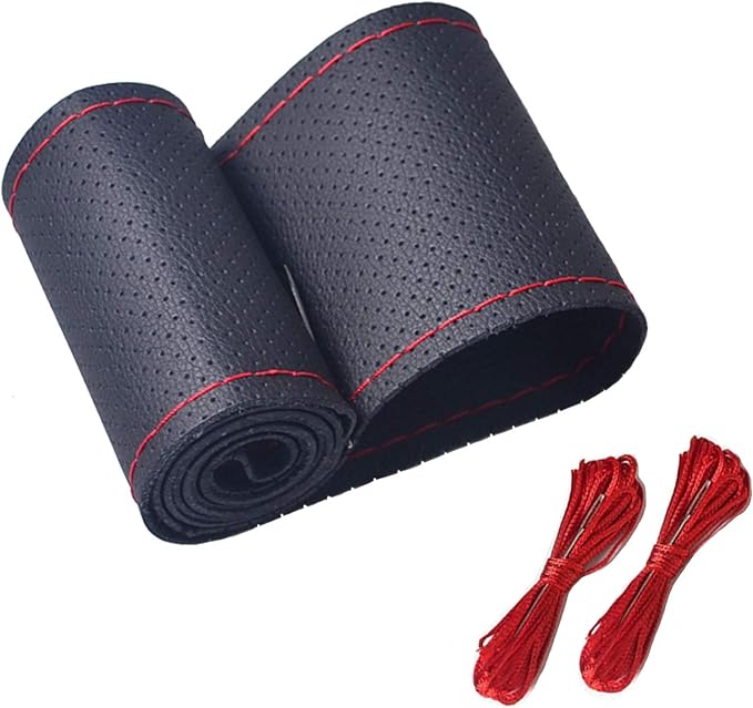Onerbuy Universal Leather Car Steering Wheel Stitch On Wrap Cover DIY Sewing Breathable and Anti Slip, 15-Inch (Black with Red)
