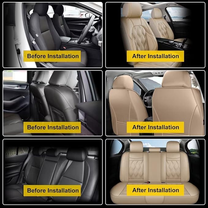 AOMSAZTO Car Seat Covers,Full Set 5 Seats Custom Fit for Mazda CX-5 2013 2014 2015 2016 2017 2018 2019 2020 2021 2022 2023 2024 2025 2026,Leather Car Seat Cover Seat Cushion Protector,Beige