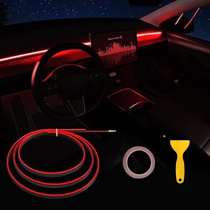Acrylic Interior Car LED Strip Light with 6mm Sewing Edge - 43.3 inches Ambient Lighting Kits, Neon LED Strip Light(110CM/43.3IN, Red)