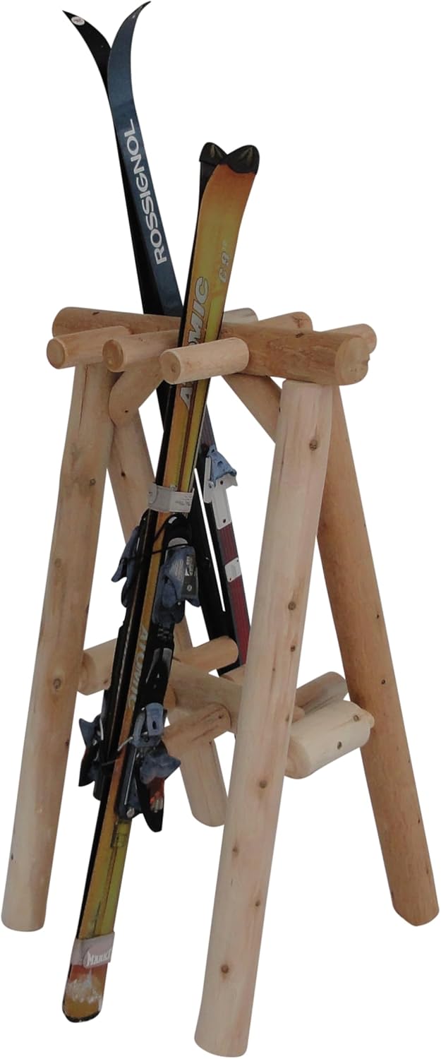 9-Place Freestanding Log Ski Rack Holder, Indoor & Outdoor Snowboard Racks, Standing Storage, Garage Racks for Snow Skis & Poles, Snowboard Rack Garage Storage Organizer - Unfinished + 15" Anchor Kit