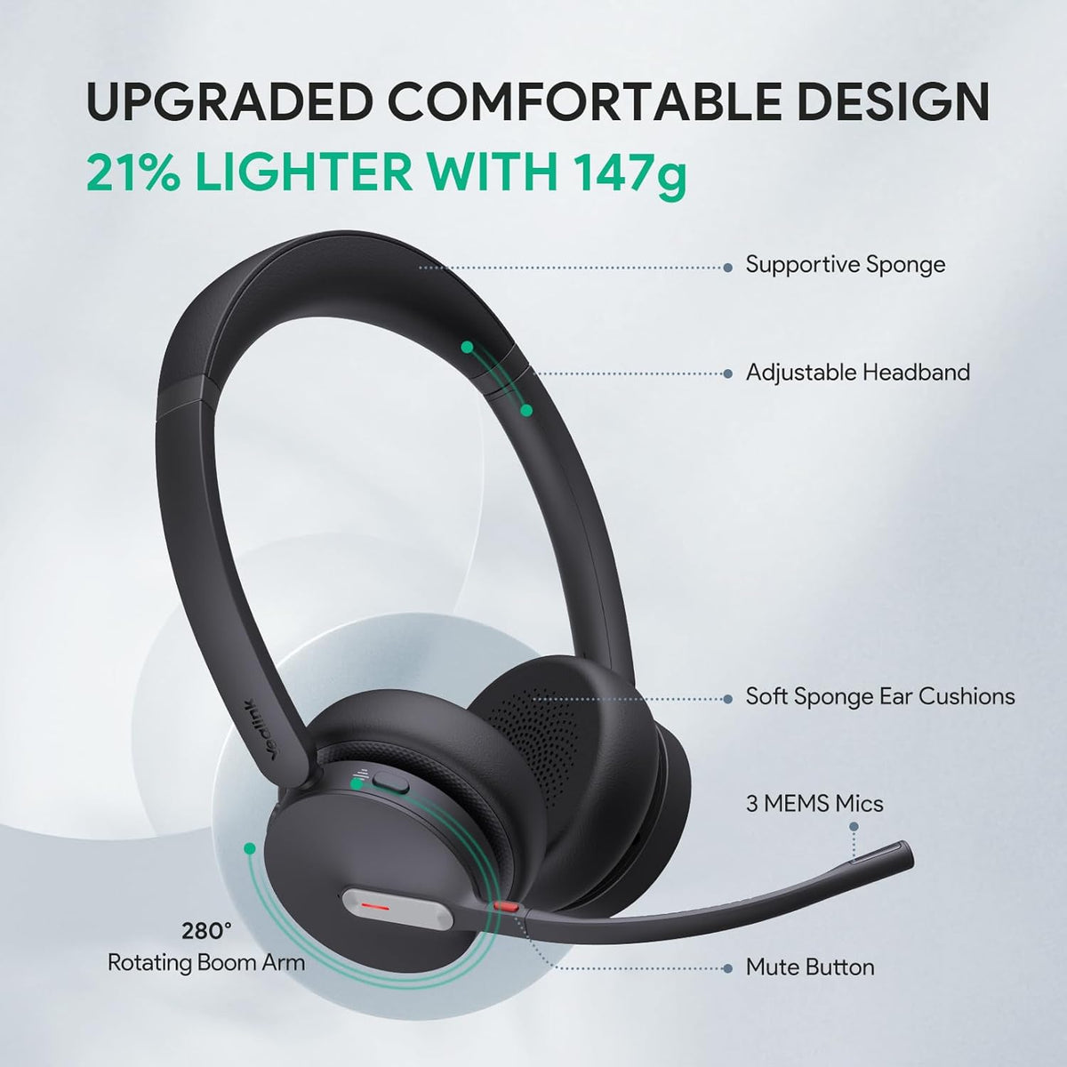 Yealink BH70 UC Wireless Bluetooth Headset with Microphone for Work, up to 35h Talking Battery, Teams UC Compatible Headsets for Computer Mobile, 147g Lightweight Headphone for Open Office 50m Range
