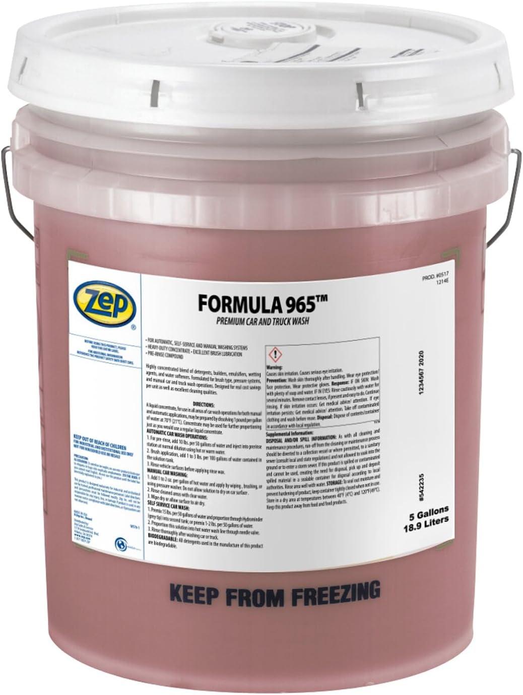 Zep Formula 965 Premium Car and Truck Wash - 5 Gallon Pail - 51733 - Prevents streaking and water spotting