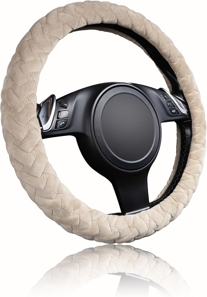 Flying Banner car Steering Wheel Cover Massage Velvet Warm Universal Size 15 inches SUV Truck Anti Slip Odorless Summer Winter (Beige, Velvet Massage)