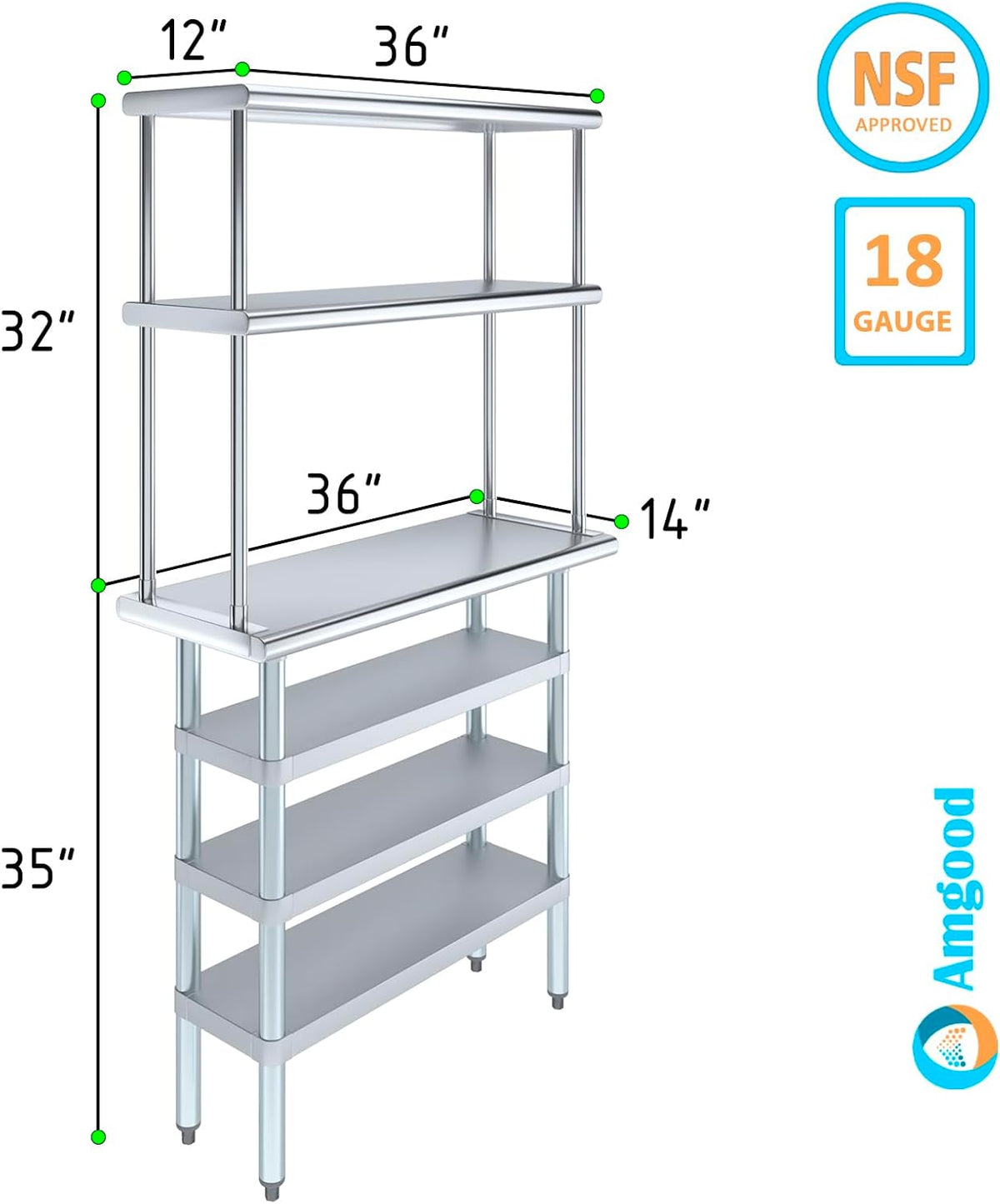 Amgood 14" x 36" Stainless Steel Work Table with 3 Shelves and 12" Wide Double Tier Overshelf | Metal Kitchen Prep Table & Shelving Combo | NSF