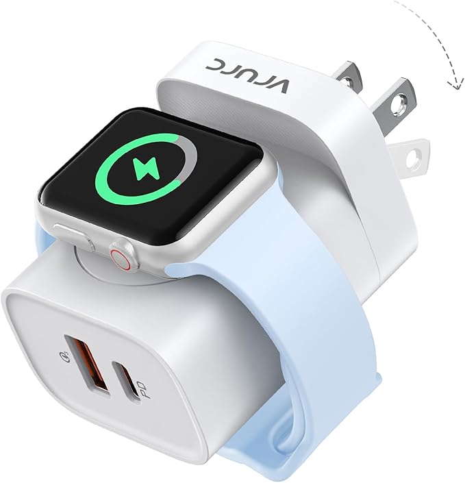 VRURC Charger for iPhone & Apple Watch, 20W USB C Fast Charging Block, 3-in-1 Compact Travel Adapter with 2 Port for iPhone 17/16/15/14/13, Wireless Magnetic for iWatch SE/11/10/9/8/7/6/5/4-White