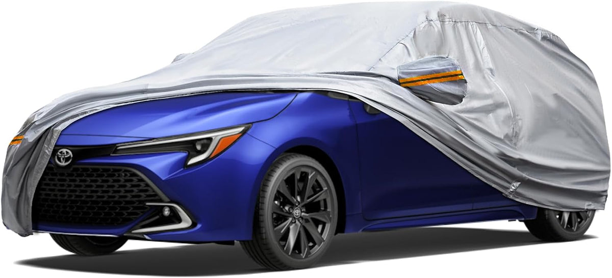 KEYOOG 6-Layer Full Car Cover is All-Weather Waterproof, All Seasons, Snow Prevention Rainproof, Acid Rainproof, Sunscreen, Ultraviolet-Proof, Fits Hatchbacks up to 173 ", Orange Reflective Strip