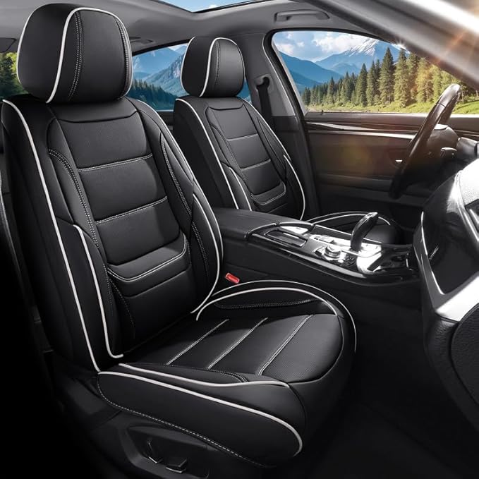 Car Seat Covers Full Set Custom Fit for Buick Lacrosse 2004-2019-Luxury Leather with Lumbar Support, Breathable, Waterproof, Anti-Slip, Durable, Easy to Install (Black&White,Full Set)
