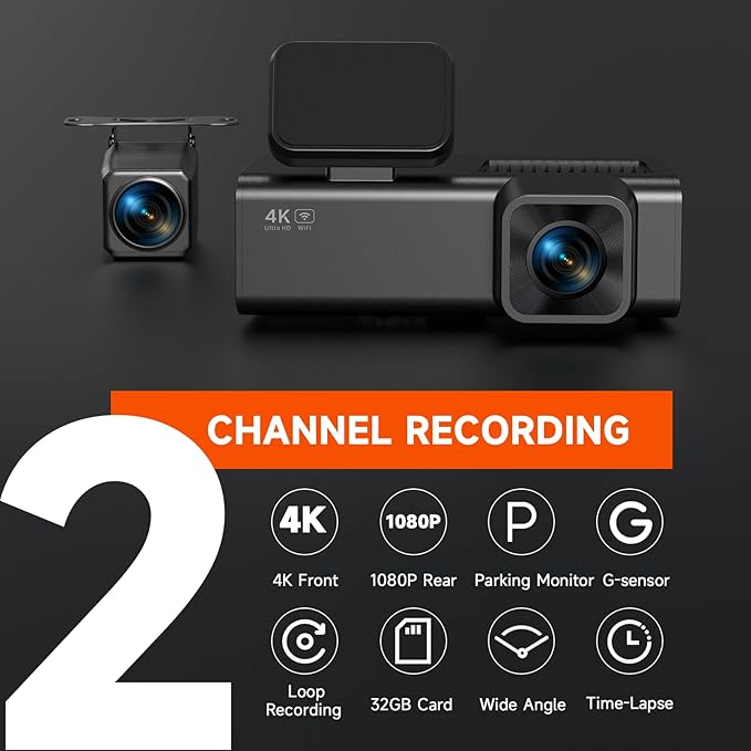 E-YEEGER Dash Cam Front and Rear, 4K+1080P Dual Channel Dash Camera for Cars with Night Vision, Mini Car Camera with 1.97” IPS Screen, G-Sensor, 24H Parking Mode, Loop Recording 32GB Card Included