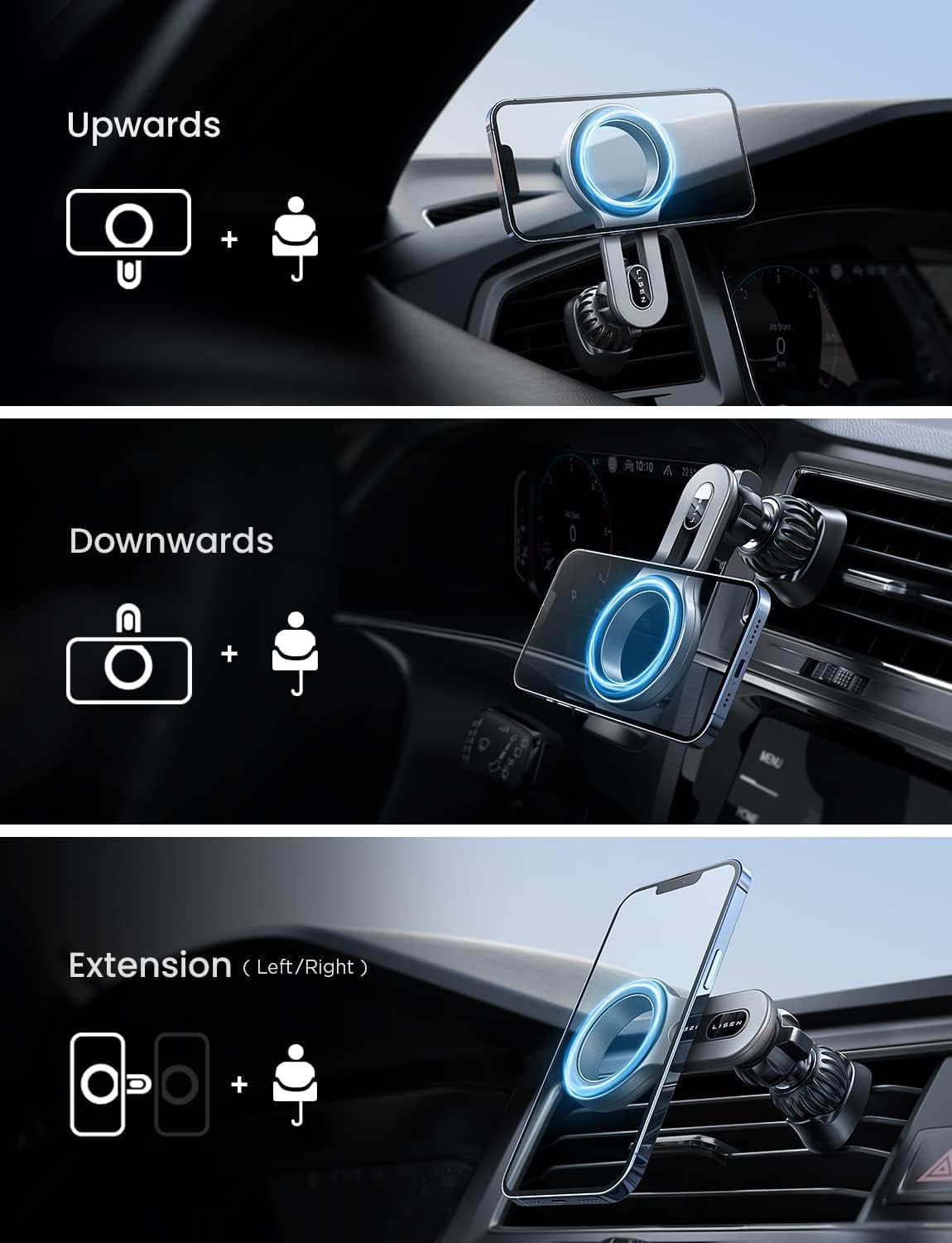 LISEN for iPhone 16 MagSafe Car Mount, [Quick Install] Ultra Magnetic Long Arm Mag Safe Car Phone Holder Vent, Car Accessories Fit for iPhone 16 Pro Max 15 14 13 12 Plus Mini Men Women, Silver