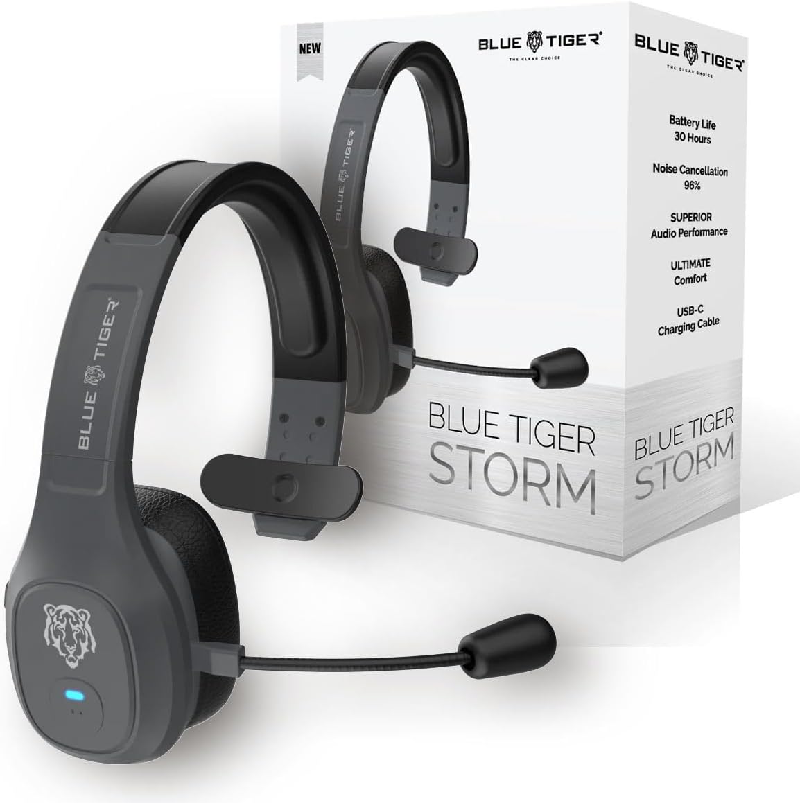Blue Tiger Storm Gray - Premium Trucker Bluetooth Headset - Wireless Noise Canceling Mono Headset with Mic - High-Fidelity Sound, 30-Hour Talk Time, USB-C Charging - for Truck Drivers, Bluetooth 5.0