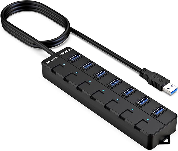 USB hub,7 Port USB 3.0 Hub,VEMONT USB Splitter with Individual On/Off Switches and Lights, 4ft/1.2m USB HUB Long Cable, USB Extension for Laptop and PC Computer