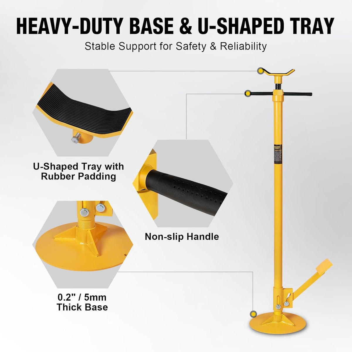 YELLOW JACKET Underhoist Support Stand 3/4 Ton Capacity with Foot Pedal, Lifting from 52.8" to 76.5", 12 Inch Diameter Base, Bearing Mounted Spin Handle, Contoured Saddle, Supports Vehicle Components