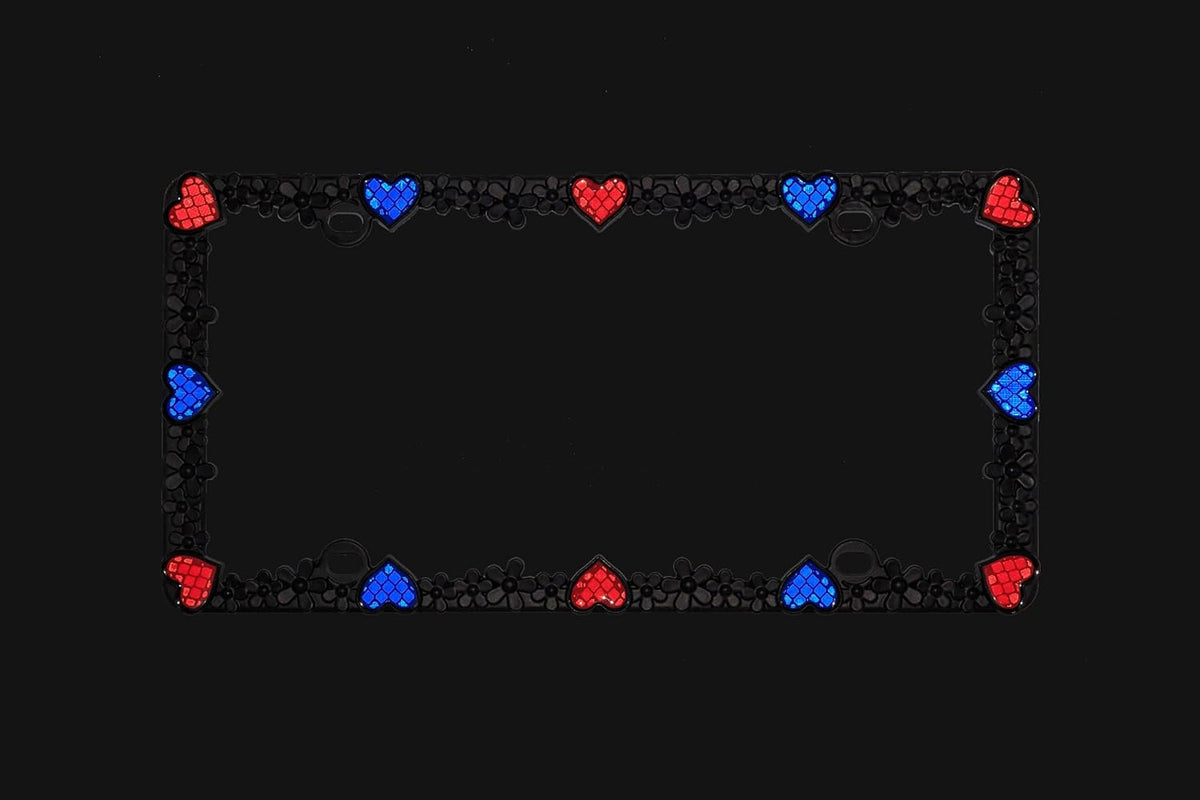 Creathome 3D Daisy Heart License Plate Frame from Pure Zinc Alloy Metal Perfect Plate Holder, Matt Black Daisy with Red and Blue Reflective Heart