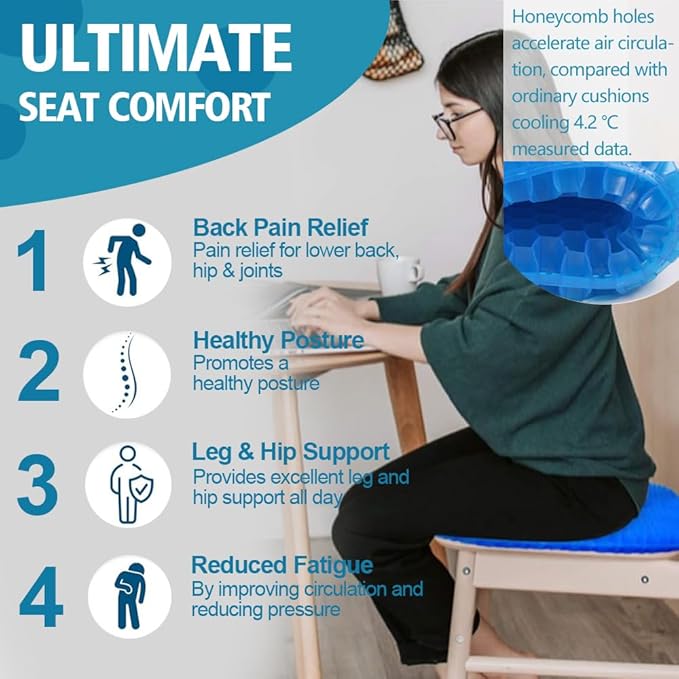 Gel Seat Cushion (20"x20"x2") for Long Sitting, Super Large Gel Cushions for Elderly Pressure Relief, Office/Desk Chair, Wheelchair, Car & Airplane Seat, Couch, Stadium Cushion Pads