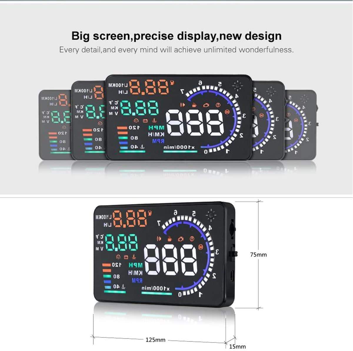 KAOLALI A8 HUD Display 5.5" Dash Screen Projector OBD2 Auto Gauge RPM MPH Speedometer Overspeed Warning Fuel Consumption Temperature Speed Heads Up Windshield Display Multiple-Color Bright for Cars