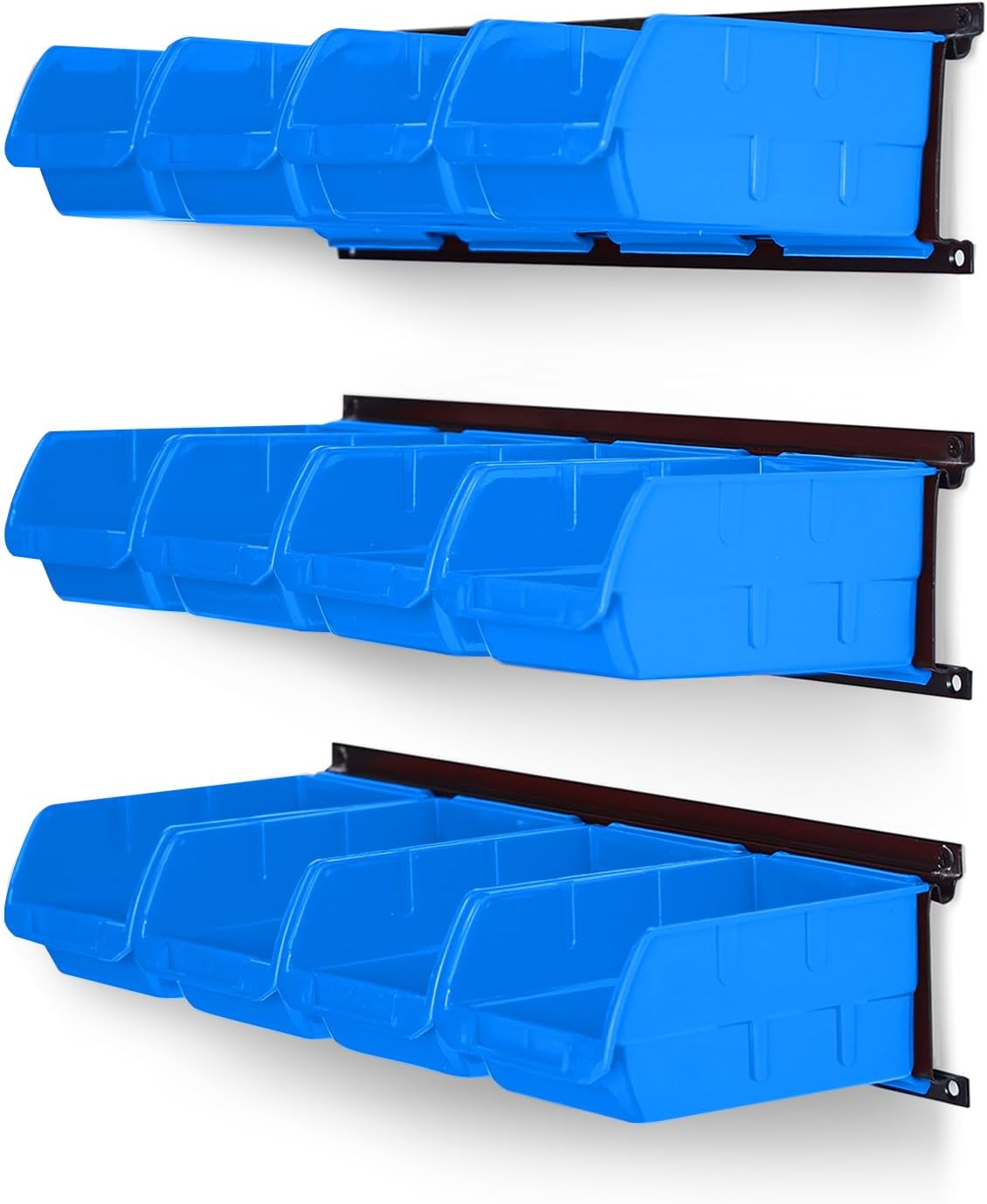 Ultrawall Wall Mounted Storage Bins, Plastic Hanging Storage Organizer Bins, Garage Tool Storage System for Screws, Nuts, Bolts, Nails, and Small Hardware Parts, 12x bins & 3 x rails, Blue