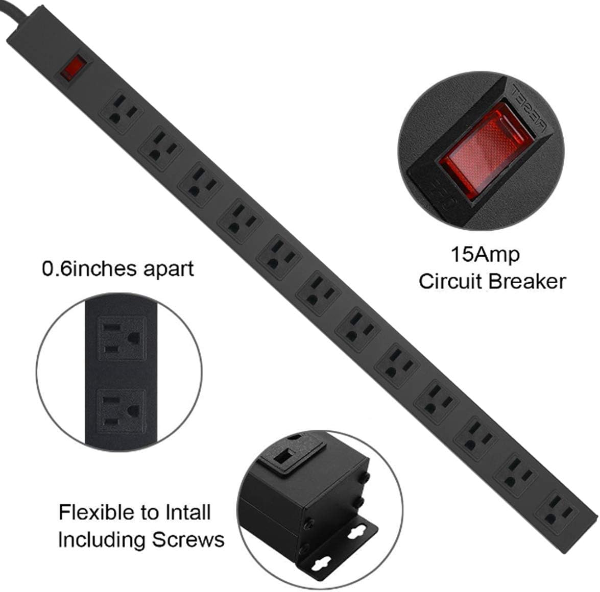 Metal Wall Mount Power Strip, Mountable Power Outlet with 12 AC Outlets, Aluminum Alloy Mount Power Socket with Switch, 6 FT SJT 3/C 14AWG Power Cord, 15A 125V 1875W (12AC) Black