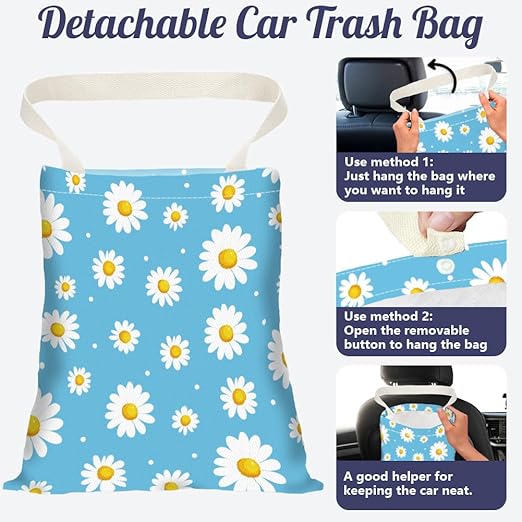 Daisy Flower Print Car Trash Bag Hanging Garbage Bag with Snap Buttons Car-Back Seat Trash Storage Portable Dustbin for Men Women Car Interior Accessories Travel Camping