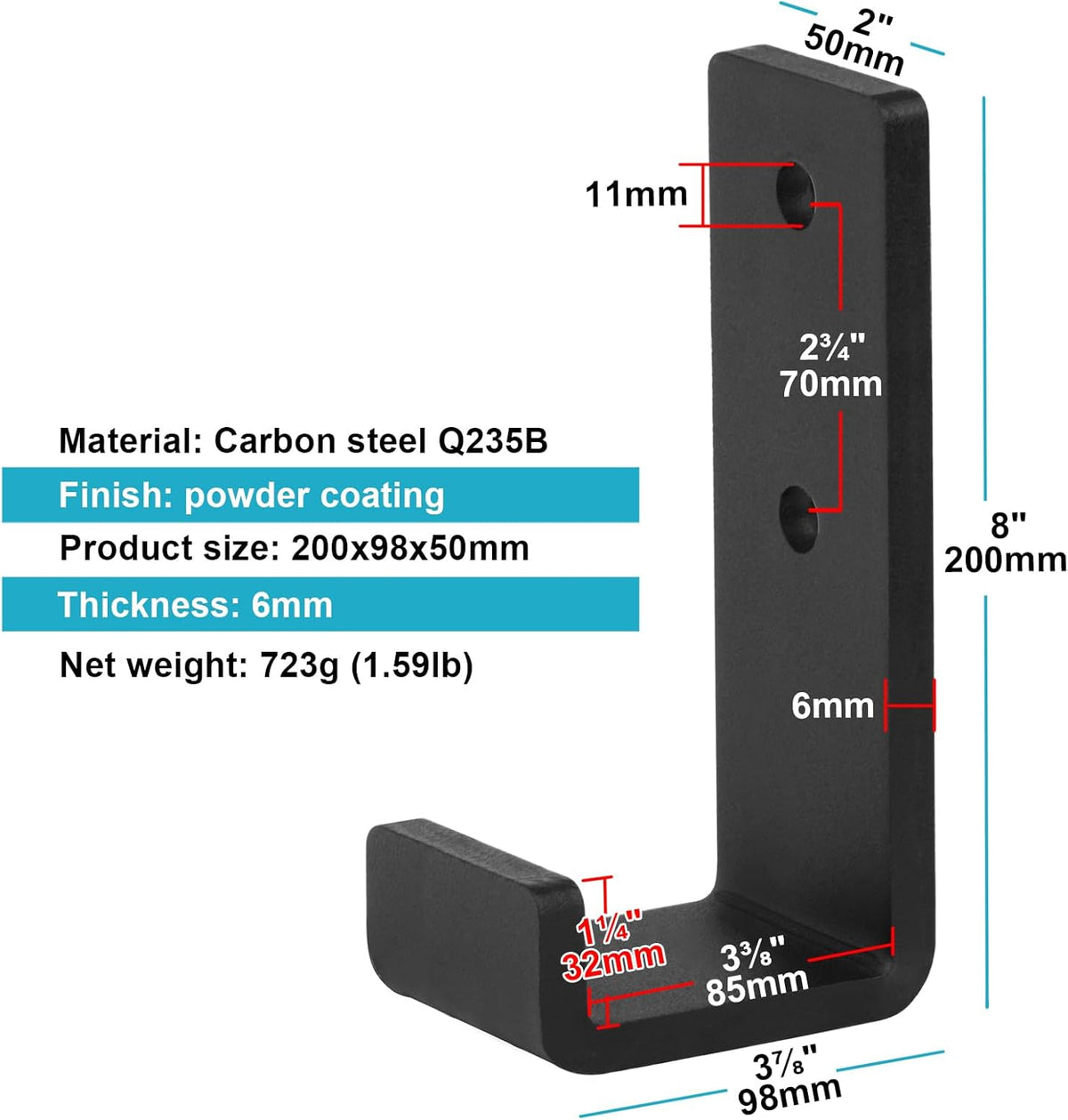 2 Pack 8" Black Steel J Hook, Extra Heavy Duty Wall Mount Utility Hook, Load 330 lbs, 1/4" Thick